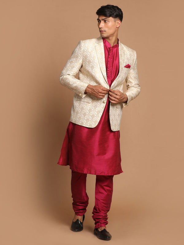 Men's Fuchsia & Gold Solid Kurta With Churidar & Woven Blazer