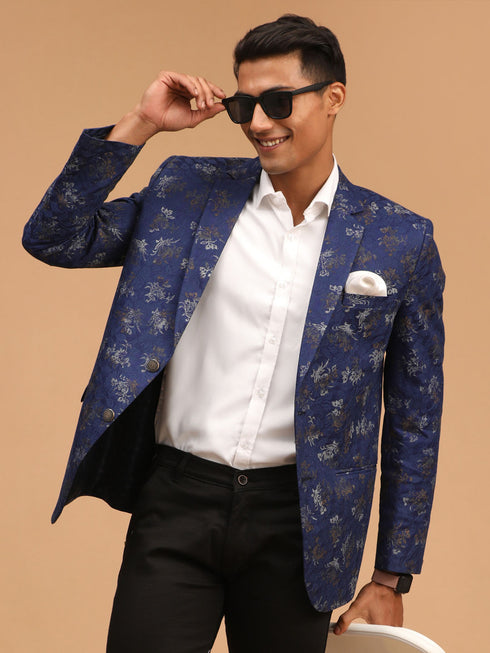 Men's Navy Blue Cotton Blend Printed Design Blazer