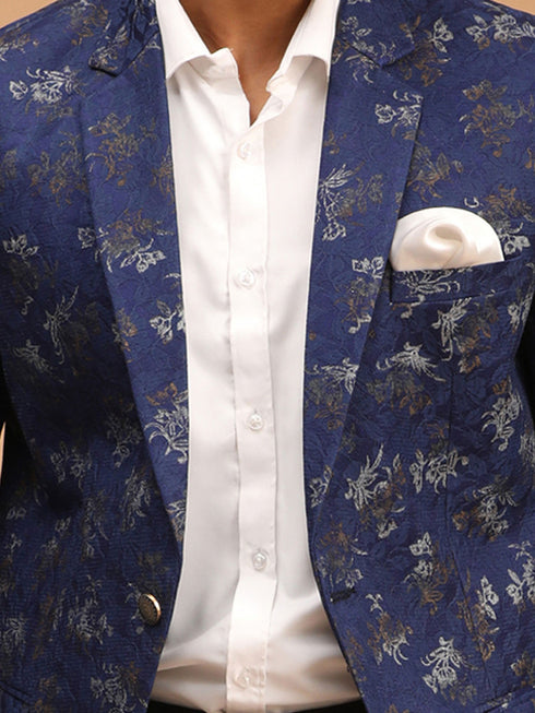 Men's Navy Blue Cotton Blend Printed Design Blazer