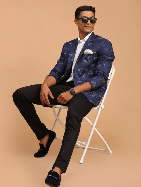 Men's Navy Blue Cotton Blend Printed Design Blazer
