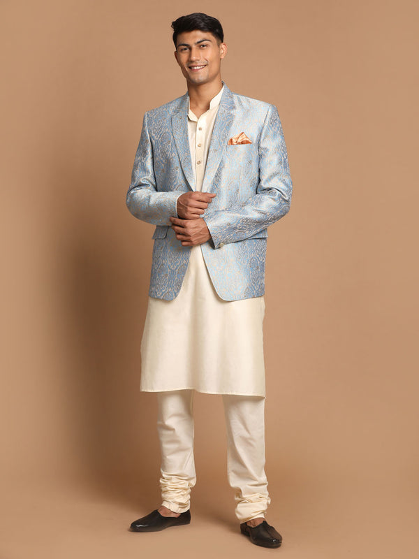 Men's Gray Woven Blazer And Cream Solid Kurta With Pajama Set
