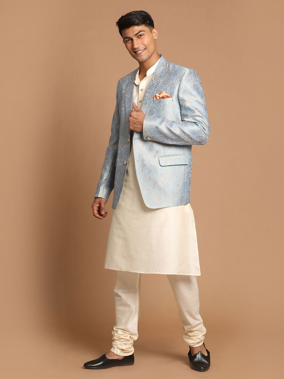 Men's Gray Woven Blazer And Cream Solid Kurta With Pajama Set
