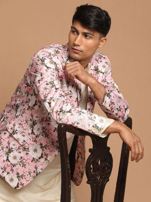 Men's Pink Floral Print Blazer And Cream Solid Kurta With Pajama Set