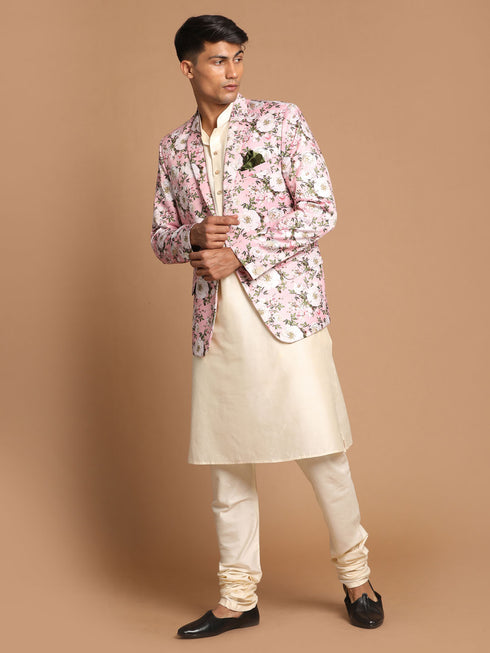 Men's Pink Floral Print Blazer And Cream Solid Kurta With Pajama Set