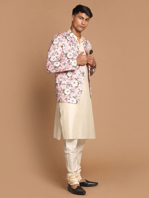 Men's Pink Floral Print Blazer And Cream Solid Kurta With Pajama Set