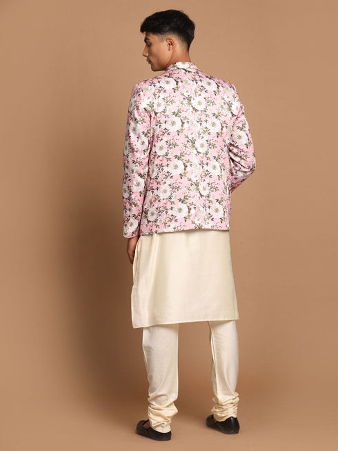 Men's Pink Floral Print Blazer And Cream Solid Kurta With Pajama Set
