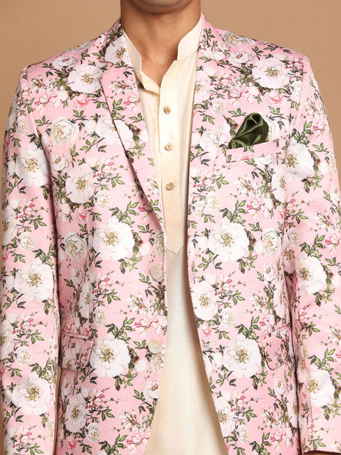 Men's Pink Floral Print Blazer And Cream Solid Kurta With Pajama Set