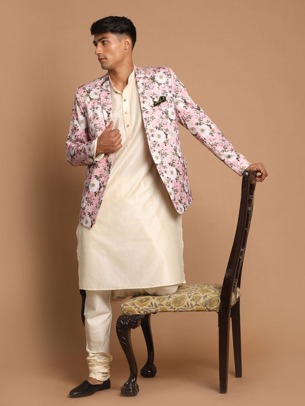 Men's Pink Floral Print Blazer And Cream Solid Kurta With Pajama Set