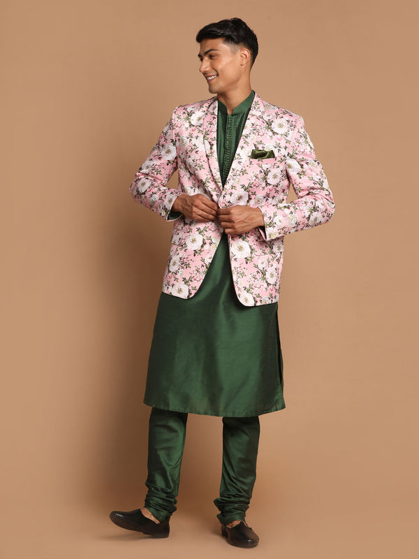 Men's Pink Floral Print Blazer And Green Solid Viscose Kurta With Pajama Set
