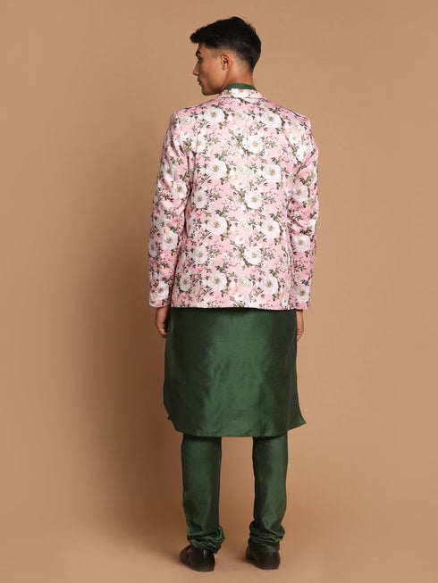 Men's Pink Floral Print Blazer And Green Solid Viscose Kurta With Pajama Set