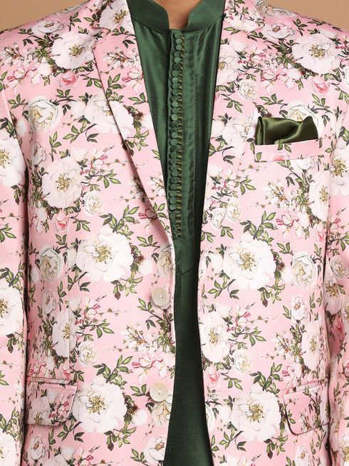 Men's Pink Floral Print Blazer And Green Solid Viscose Kurta With Pajama Set
