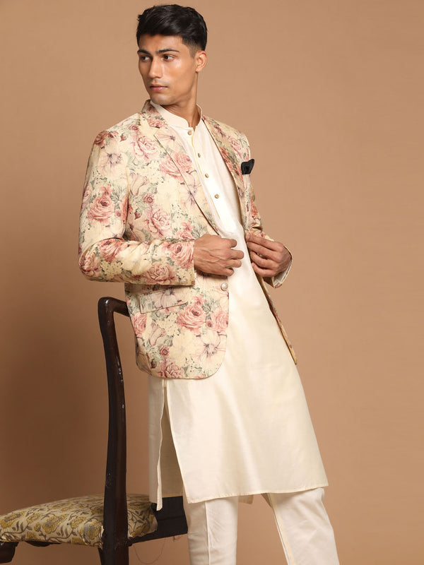 Men's Beige Floral Print Blazer And Cream Solid Kurta With Pajama Set