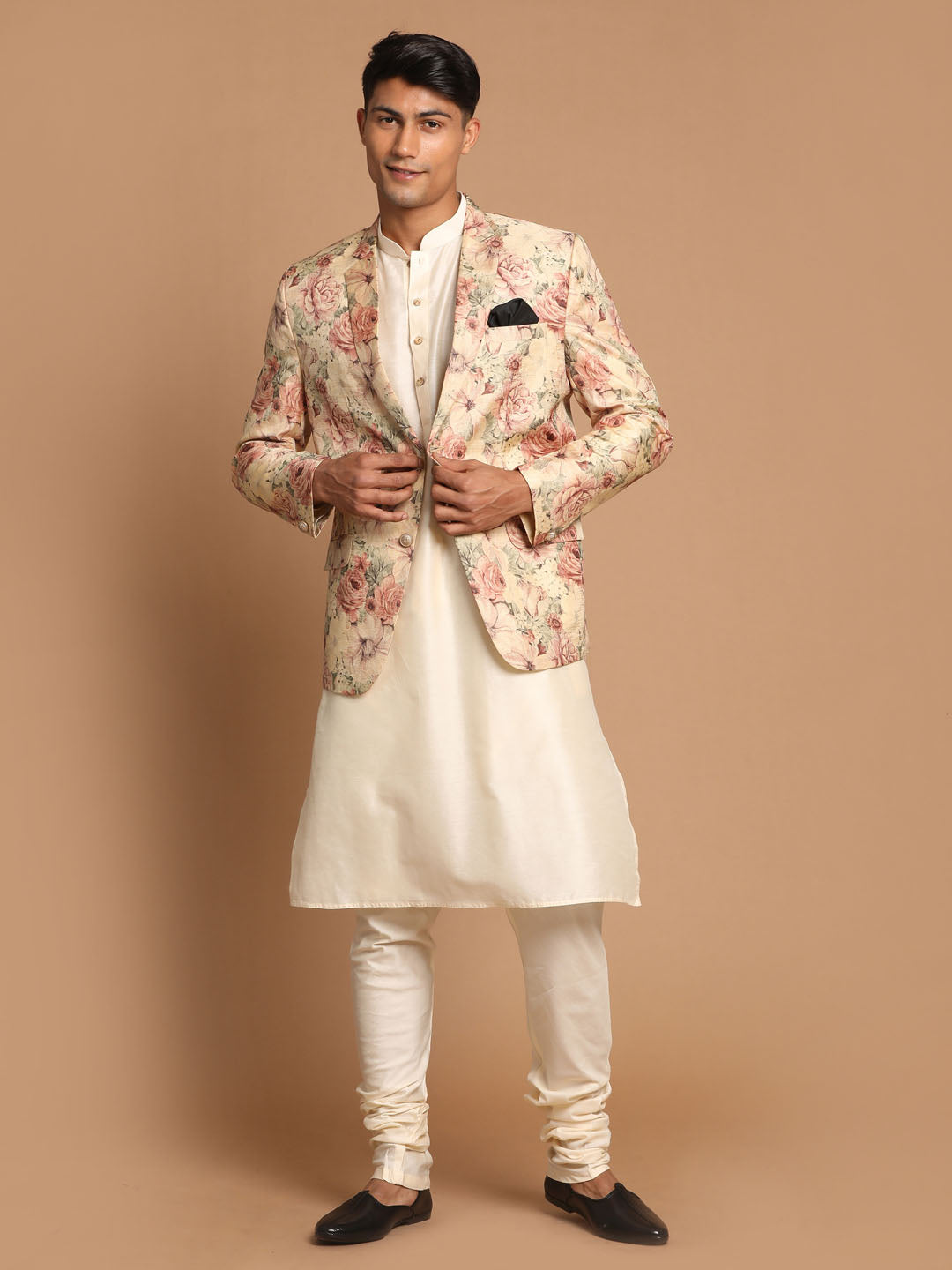 Men's Beige Floral Print Blazer And Cream Solid Kurta With Pajama Set