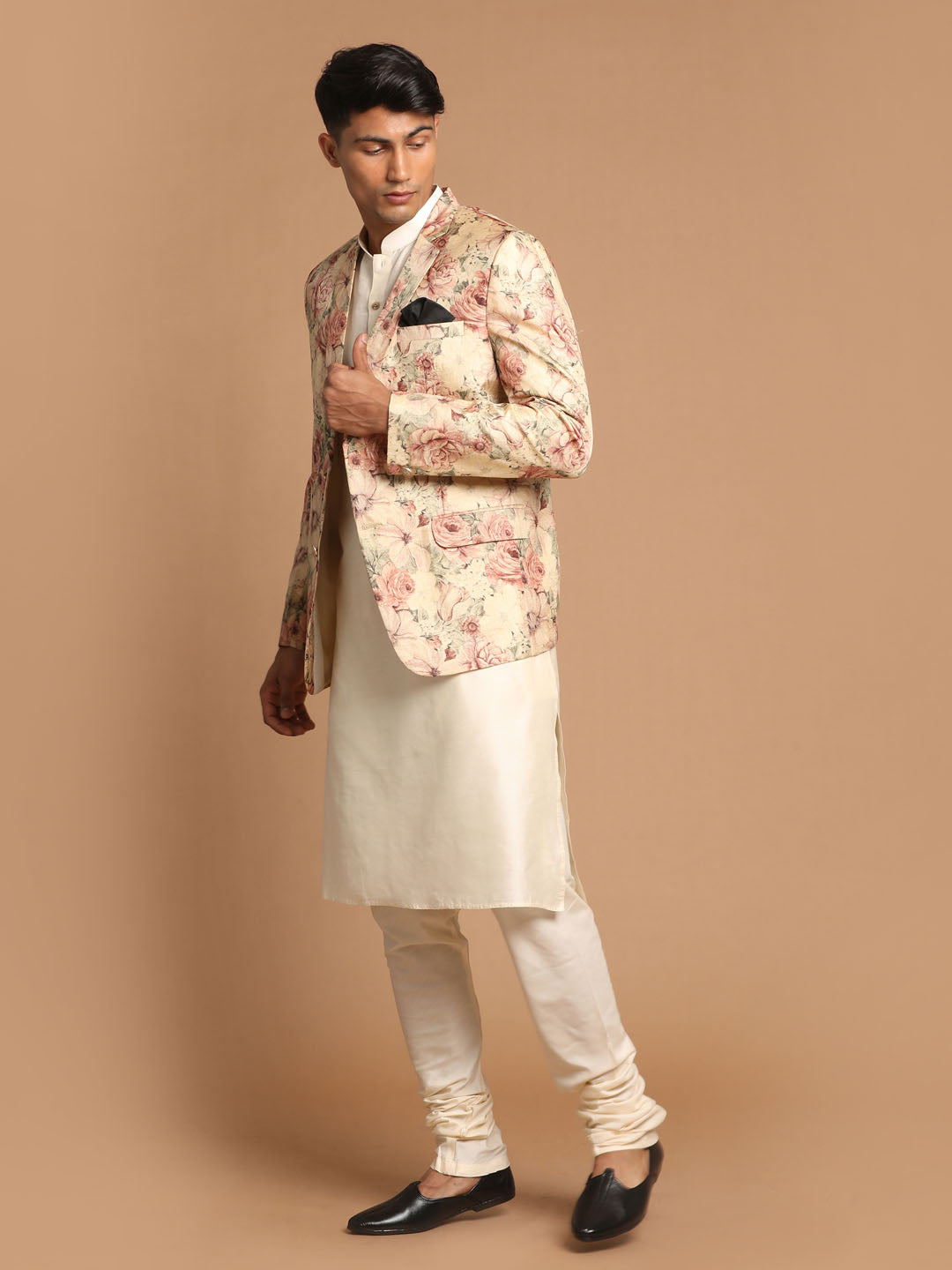Men's Beige Floral Print Blazer And Cream Solid Kurta With Pajama Set