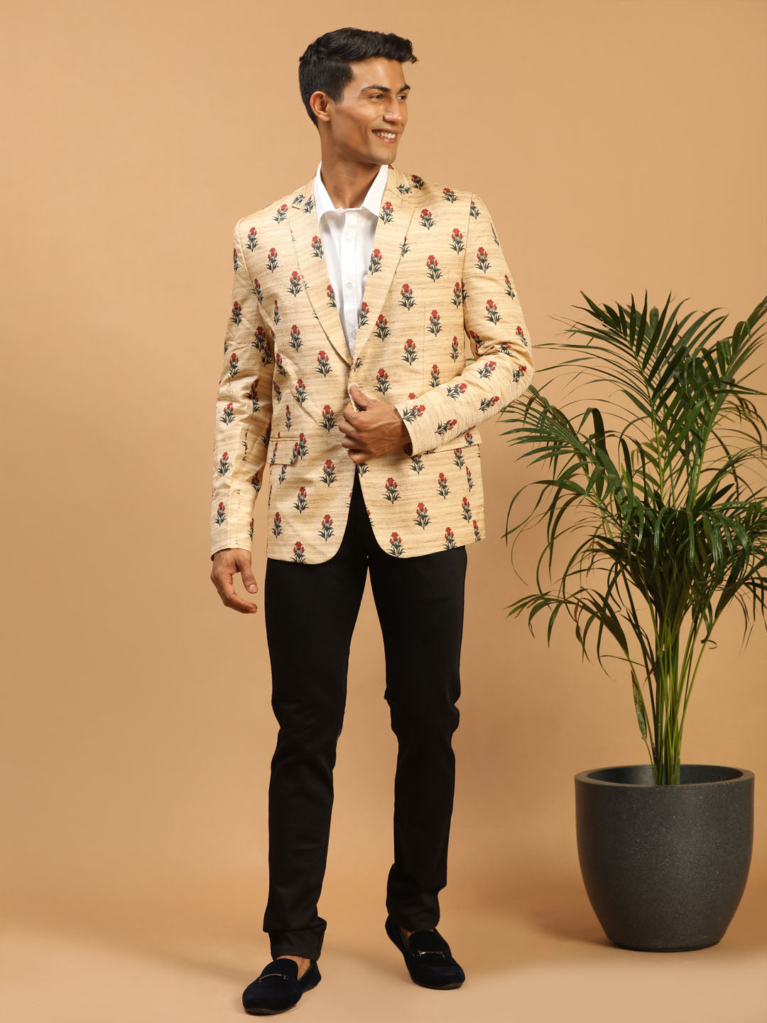 Men's Beige Silk Blend Printed Blazer