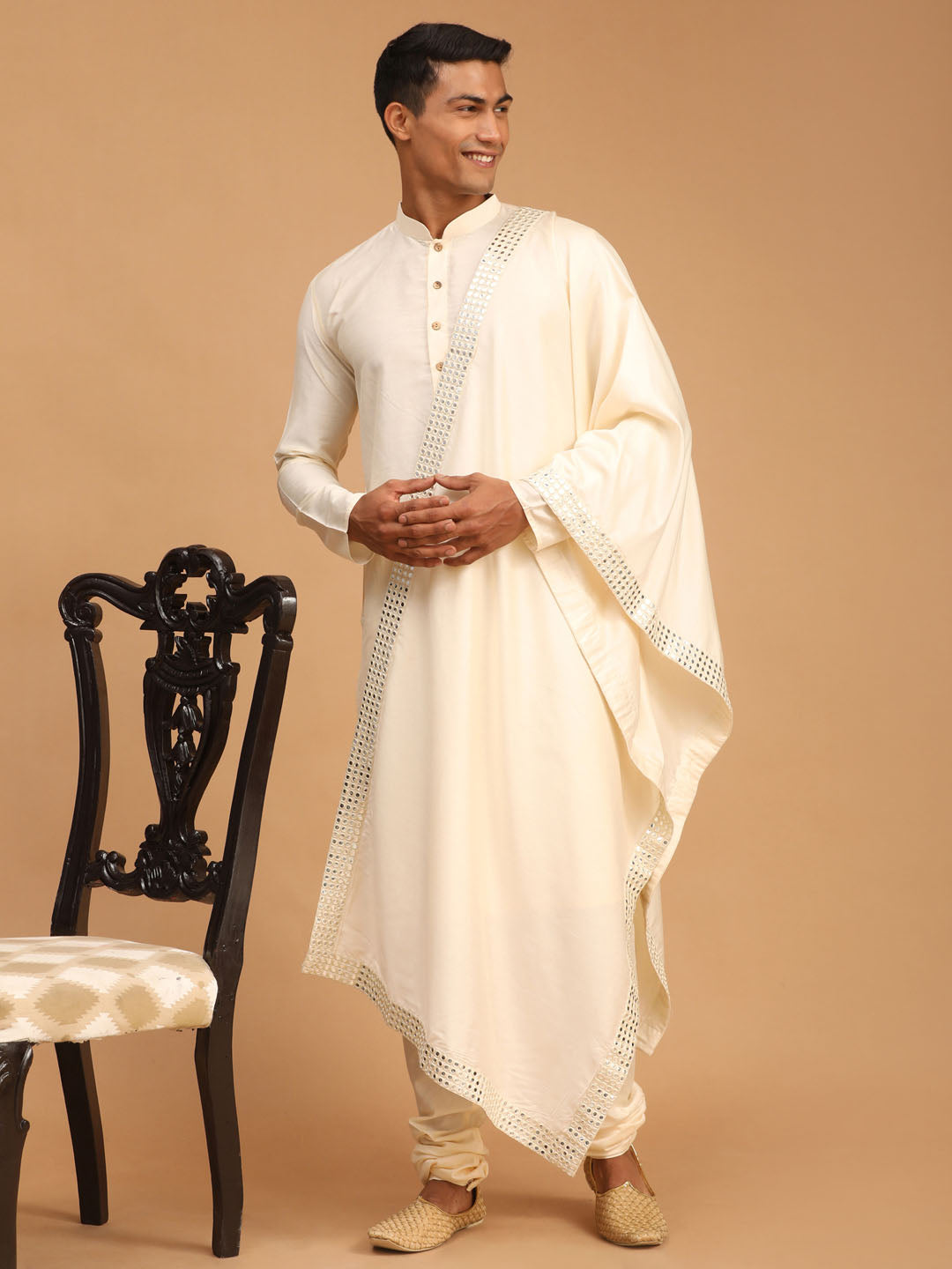 Men's Cream Viscose Mirror Work Ethnic Dupatta