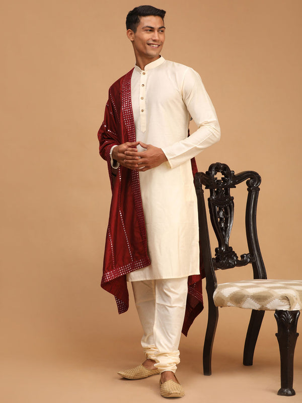 Men's Maroon Viscose Mirror Work Embellished Dupatta