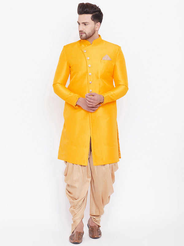 Men's Mustard And Rose Gold Silk Blend Sherwani Set