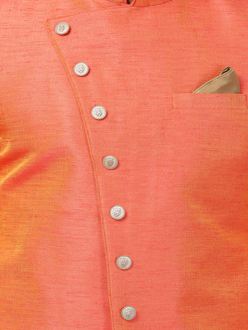 Men's Orange Silk Blend Sherwani Set