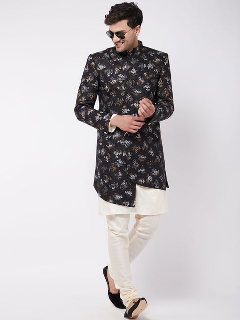 Men's Black Angrakha Style Indo Western Over Cream Kurta Pyjama Set