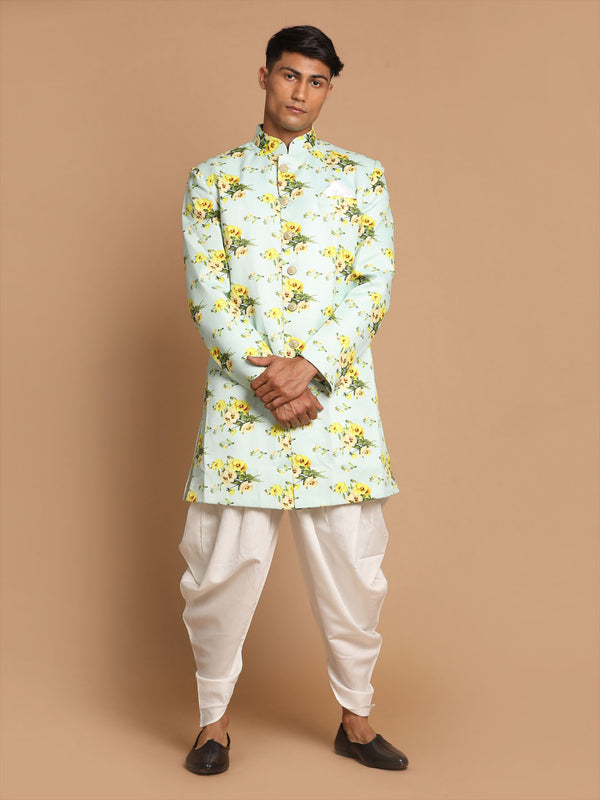 Men's Light Green Silk Blend Sherwani And White Dhoti Set