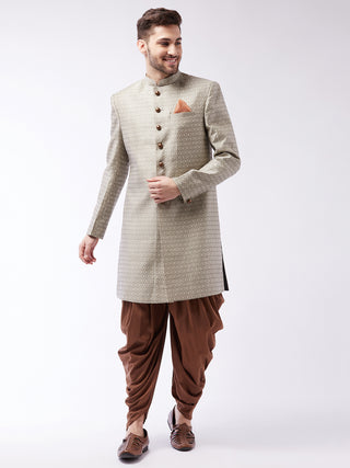 VASTRAMAY Men's Beige, Grey And Coffee Brown Silk Blend Sherwani Set