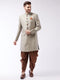 Men's Beige, Grey And Coffee Brown Silk Blend Sherwani Set