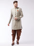 Men's Beige, Grey And Coffee Brown Silk Blend Sherwani Set