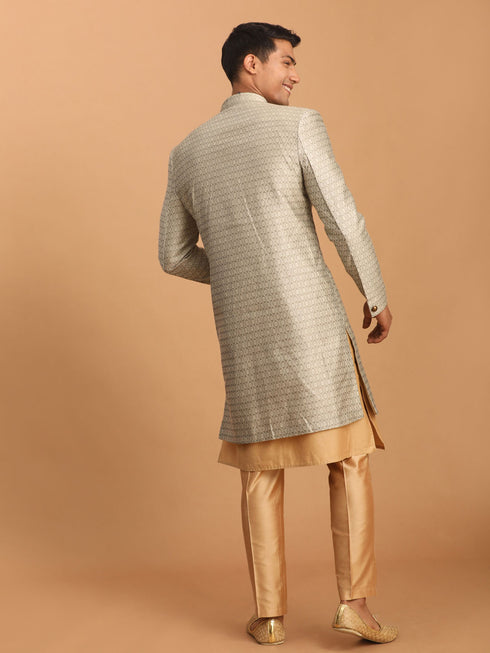 Men's Beige Silk Blend Sherwani With Rose Gold Kurta Pant Set