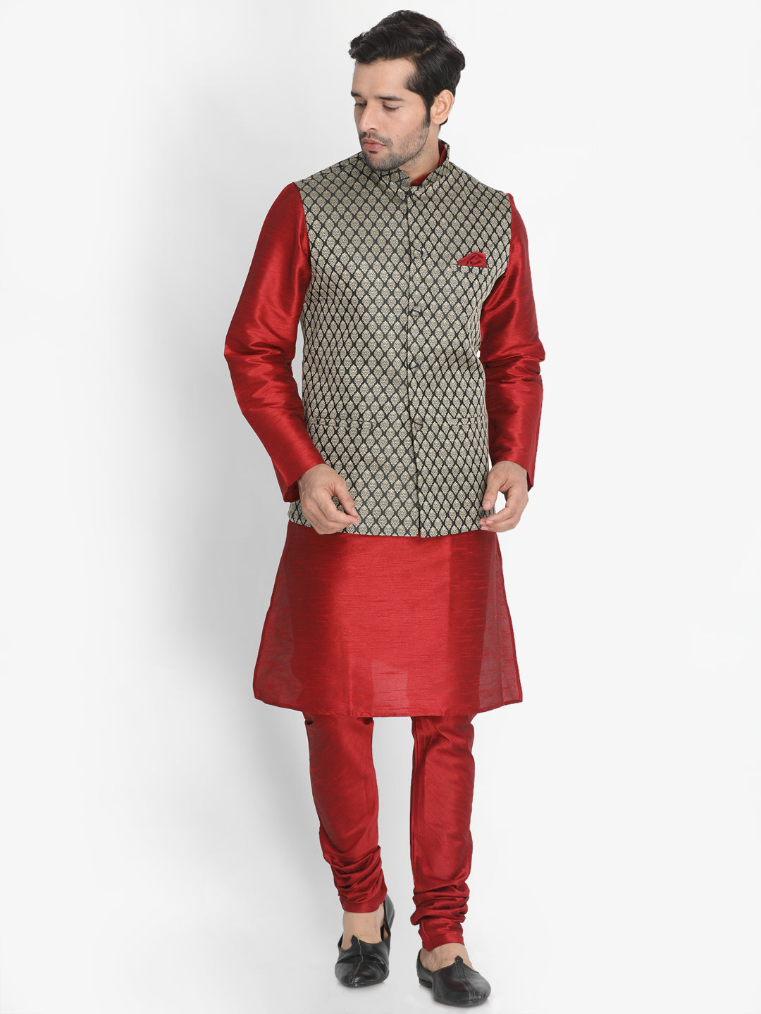 Men's Maroon Silk Blend Jacket With Kurta Pyjama Set