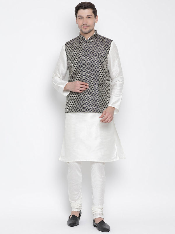 Men's White Cotton Silk Blend Kurta, Ethnic Jacket and Pyjama Set