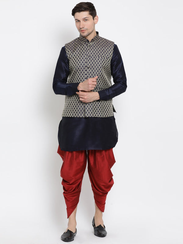 Men's Dark Blue Cotton Silk Blend Ethnic Jacket, Kurta and Dhoti Pant Set