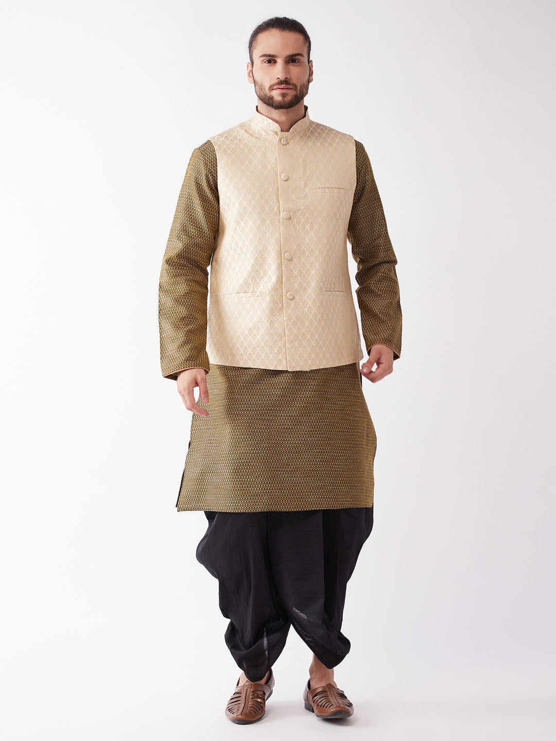 Men's Cream Silk Blend Jacket With Kurta Dhoti Set