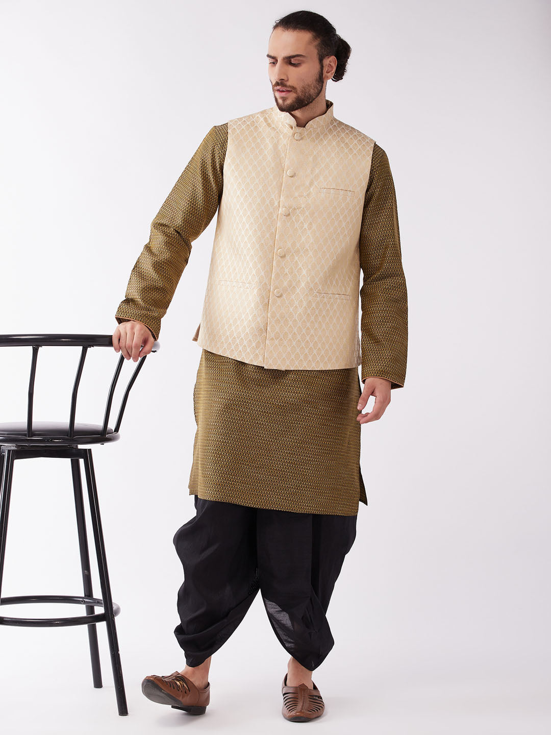Men's Cream Silk Blend Jacket With Kurta Dhoti Set