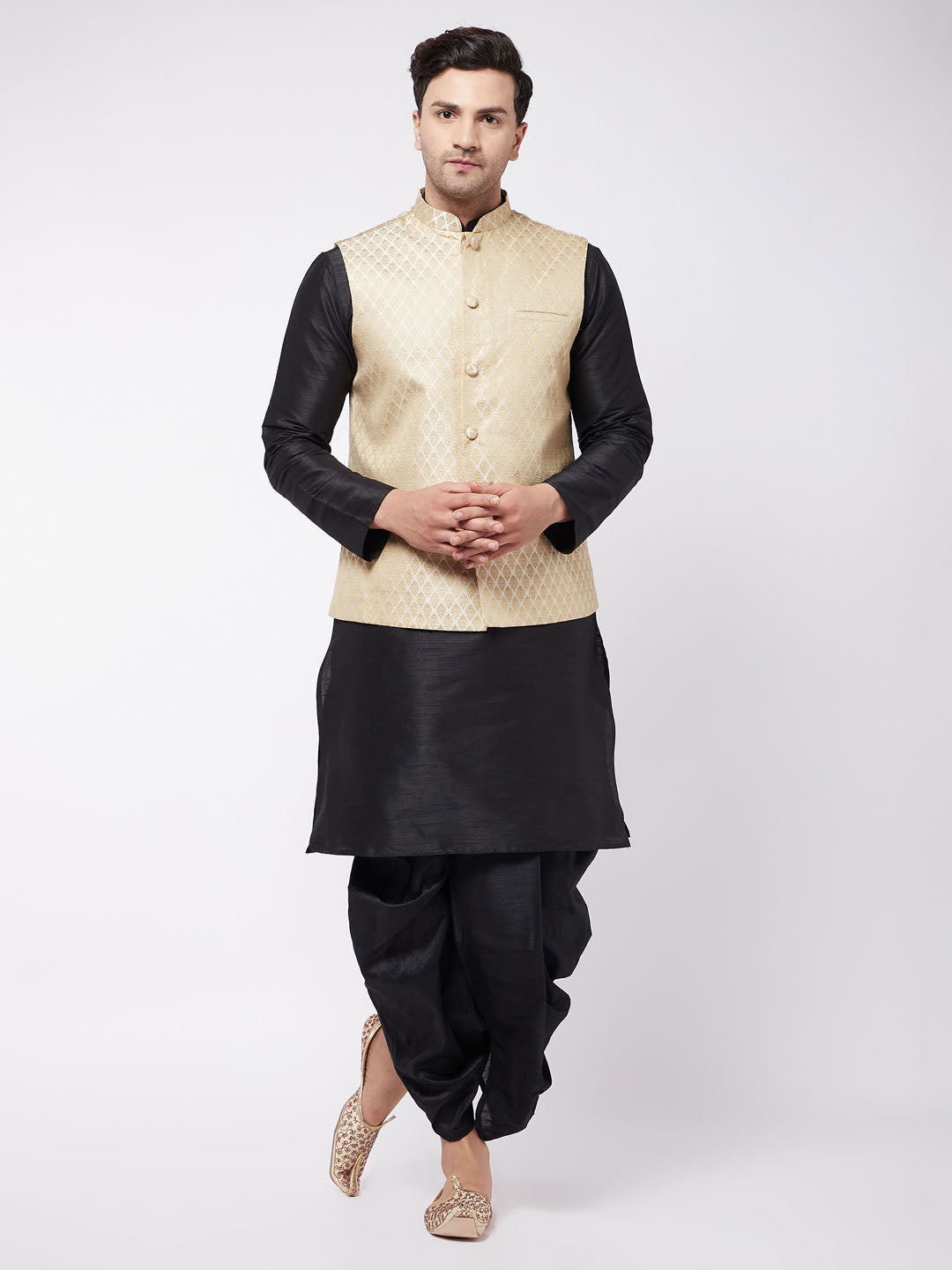 Men's Black Silk Blend Jacket With Kurta Dhoti Set