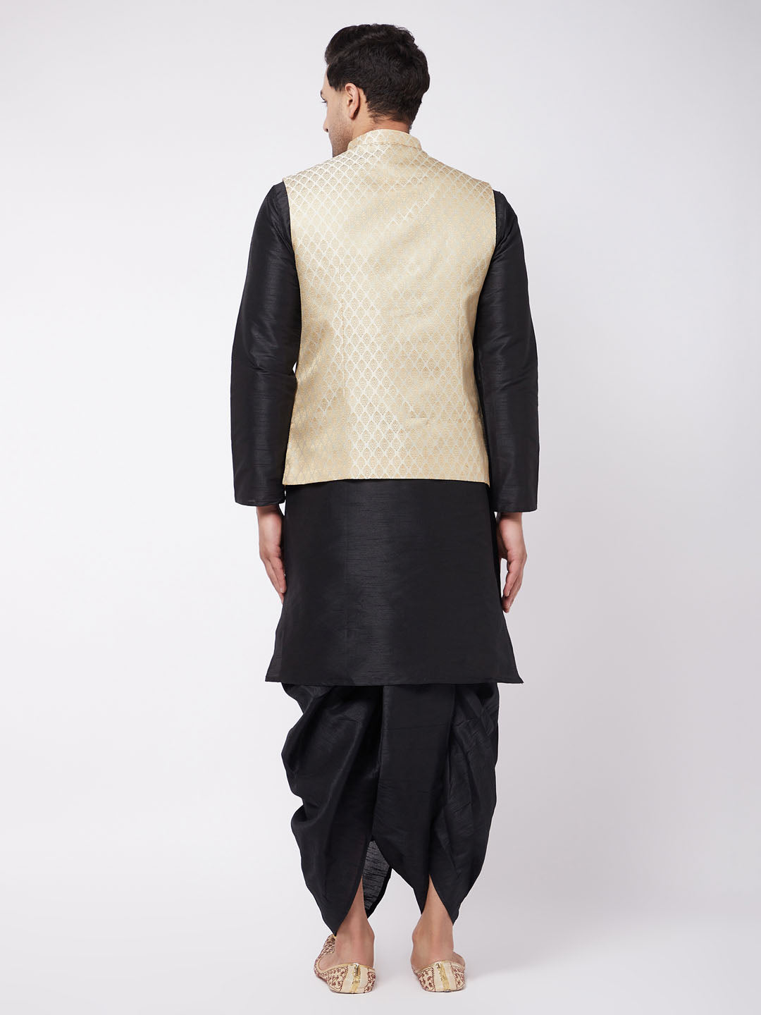Men's Black Silk Blend Jacket With Kurta Dhoti Set