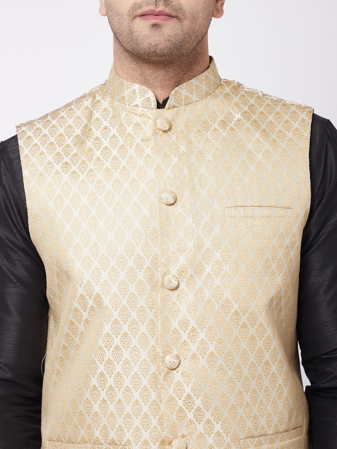 Men's Black Silk Blend Jacket With Kurta Dhoti Set
