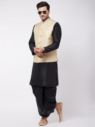 VM BY VASTRAMAY Men's Black Silk Blend Jacket With Kurta Dhoti Set