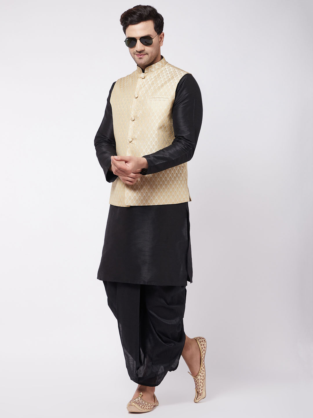Men's Black Silk Blend Jacket With Kurta Dhoti Set