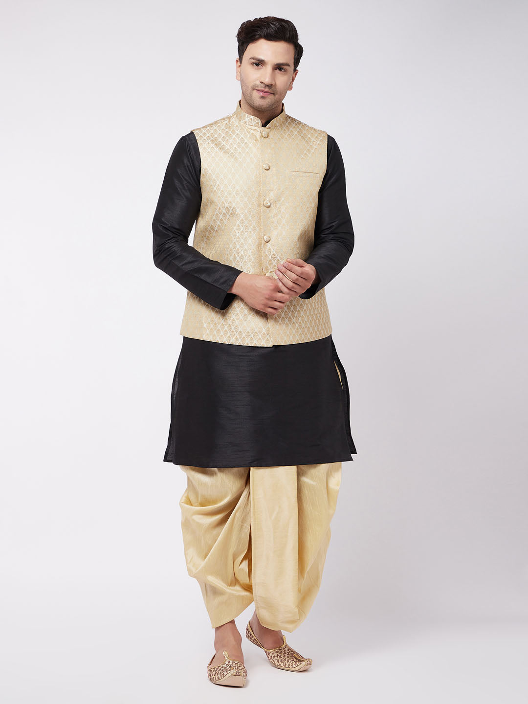 Men's Black Silk Blend Jacket With Kurta Dhoti Set