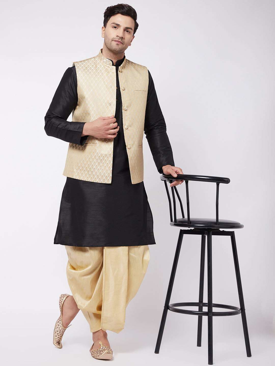 Men's Black Silk Blend Jacket With Kurta Dhoti Set