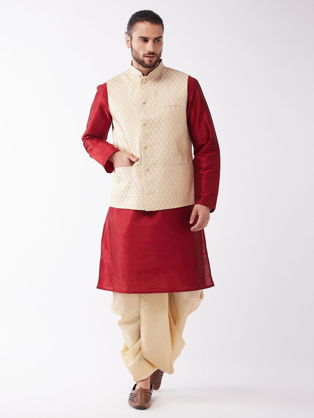 Men's Maroon Silk Blend Jacket With Kurta Dhoti Set