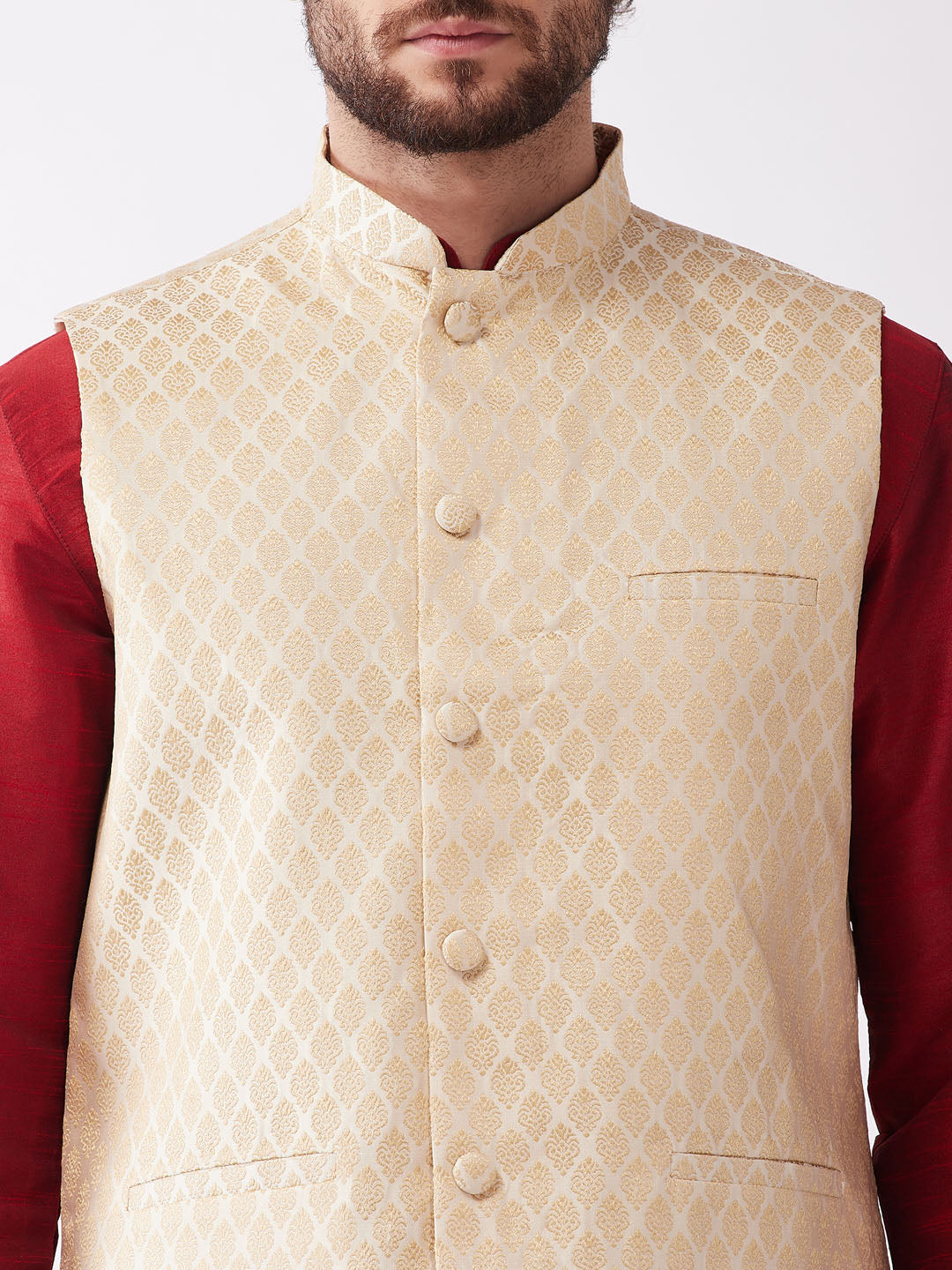 Men's Maroon Silk Blend Jacket With Kurta Dhoti Set