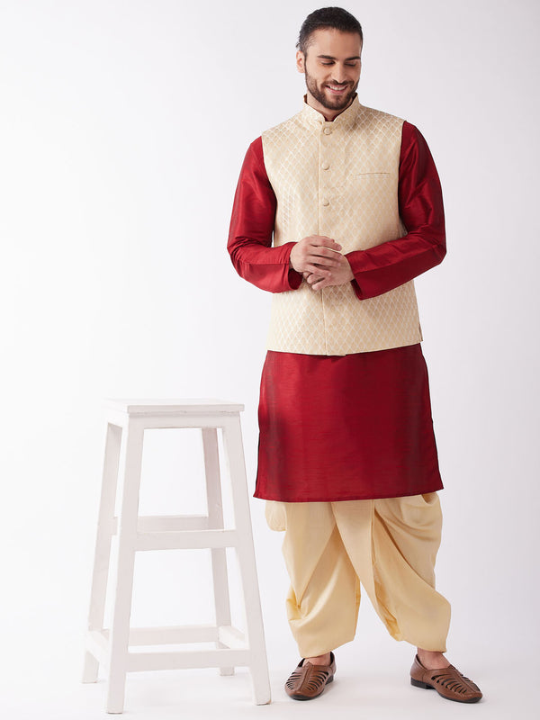 Men's Maroon Silk Blend Jacket With Kurta Dhoti Set
