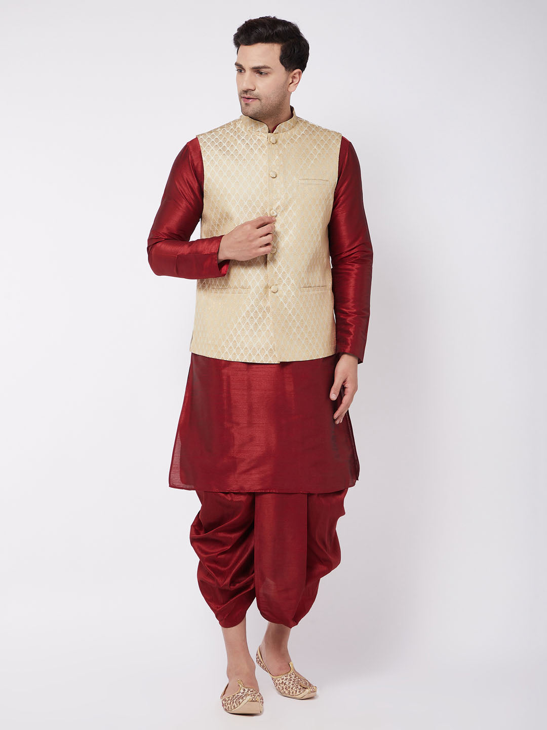 Men's Cream Silk Blend Jacket With Kurta Dhoti Set