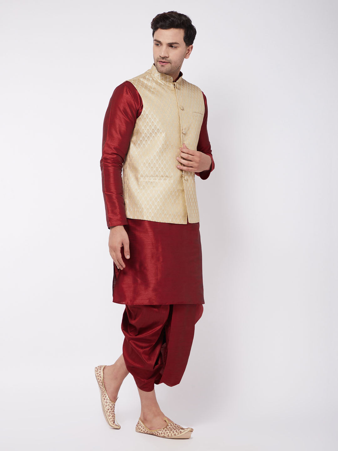Men's Cream Silk Blend Jacket With Kurta Dhoti Set