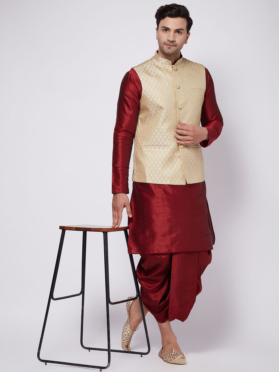 Men's Cream Silk Blend Jacket With Kurta Dhoti Set