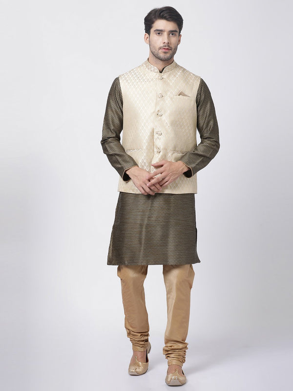 Men's Black Cotton Silk Blend Kurta, Ethnic Jacket and Pyjama Set