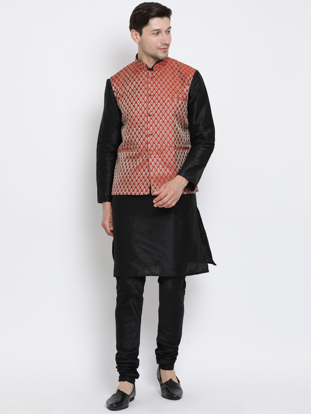 Men's Maroon Silk Blend Jacket With Kurta Pyjama Set
