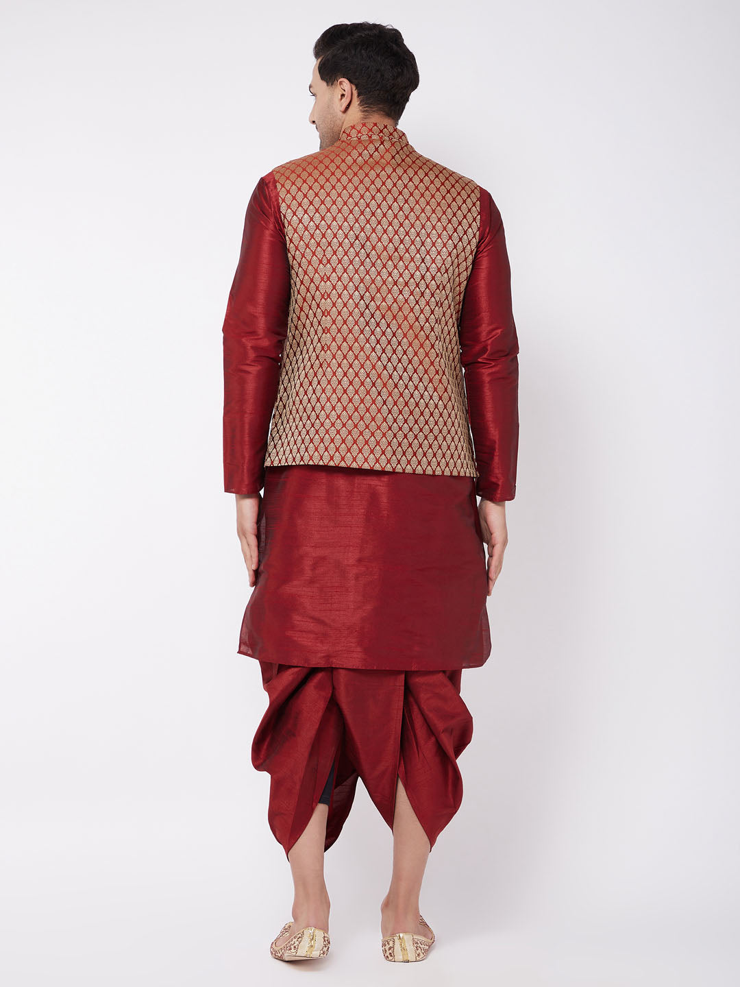 Men's Maroon Silk Blend Jacket With Kurta Dhoti Set